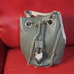 Green Tote Bag with Drawstring Closure and Chain Strap